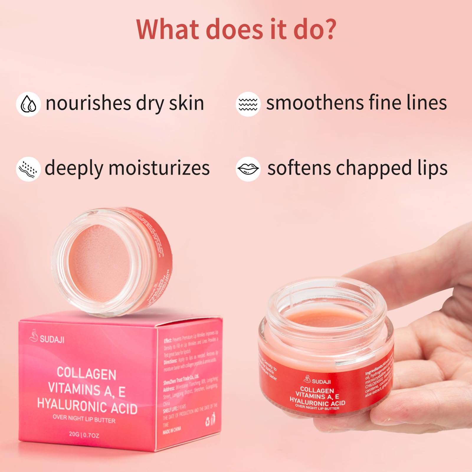 SUDAJI Collagen Lip Mask, Hydrating Lip Balm, Overnight Moisture Lip Butter with Hyaluronic Acid & Aloe Vera, Sleeping Nourishing Lip Butter Balm